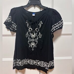 Old Navy Black Peasant Blouse with White Embroidery